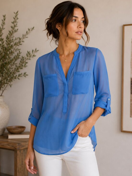Apt. 9 Tops - Apt. 9 Ocean Blue Sheer Roll Tab Sleeve Blouse | S